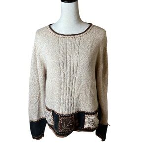 Vintage Cabin Creek Embroidered Patchwork Sweater M | Cable Knit Cottage Grandma